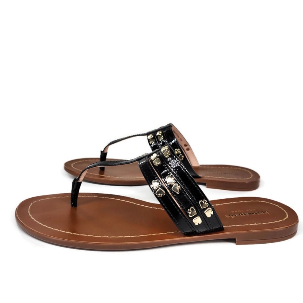 Kate Spade Carol Black Patent Leather Gold Spade Studs Slide-On Thong Sandals - Picture 3 of 11